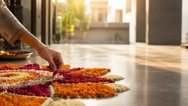 Close-up of a person creating a traditional colorful flower rangoli pattern during a festival with festival traditional creating marigold heritage