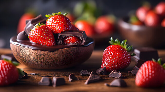 Fresh red strawberries and sweet pieces of dark chocolate in a rustic bowl on textured dark kitchen table