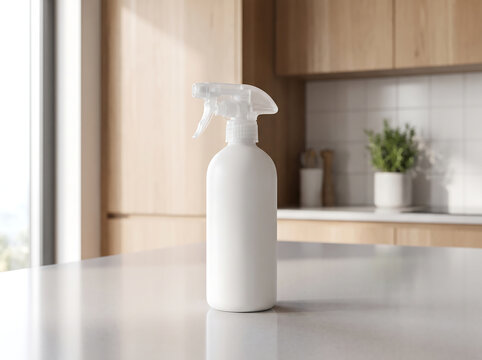 White plastic spray bottle standing on a modern kitchen countertop mockup transparent background