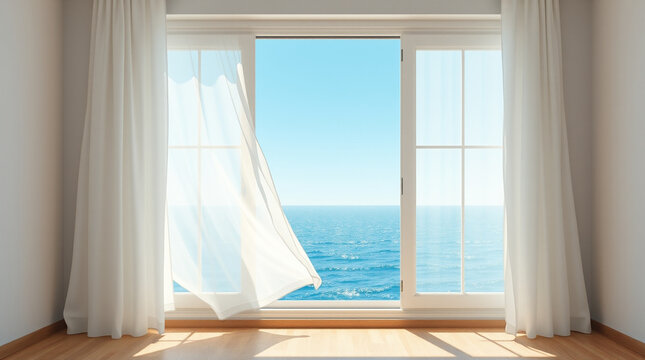 Bright coastal interior with sheer white curtains flowing in the sunlight and a blue ocean view through an open window