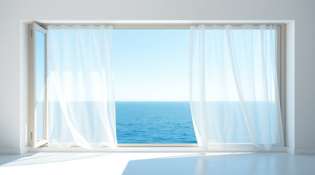 Bright coastal interior with sheer white curtains flowing in the sunlight and a blue ocean view through an open window