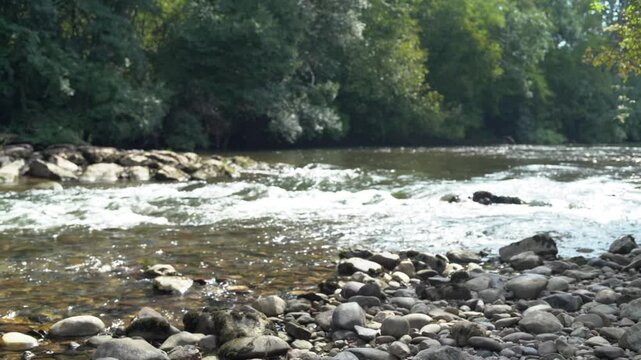 River rapidly flowing over the stone cascade in the forest