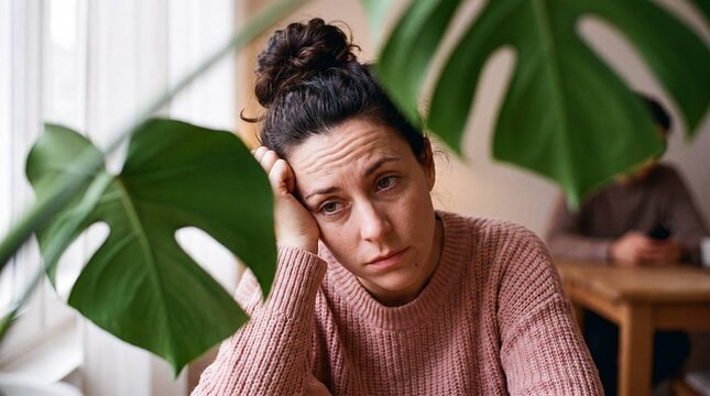 Sad woman resting head on hand among green houseplant leaves
