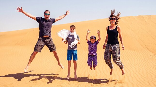 Joyful family of four jumping together on golden desert sand dunes