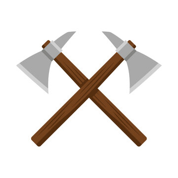 Flat vector illustration of two crossed medieval battle axes with wooden handles
