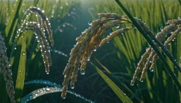 Cinematic macro photography of ripening rice grains glistening with dew in high-fidelity v2-6x resolution