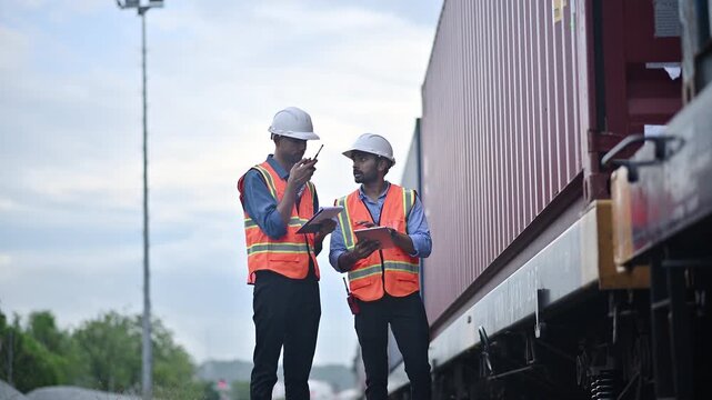 Portrait engineer under inspection and checking construction process railway switch and checking work on railroad station .Engineer wearing safety uniform and safety helmet in work.	
