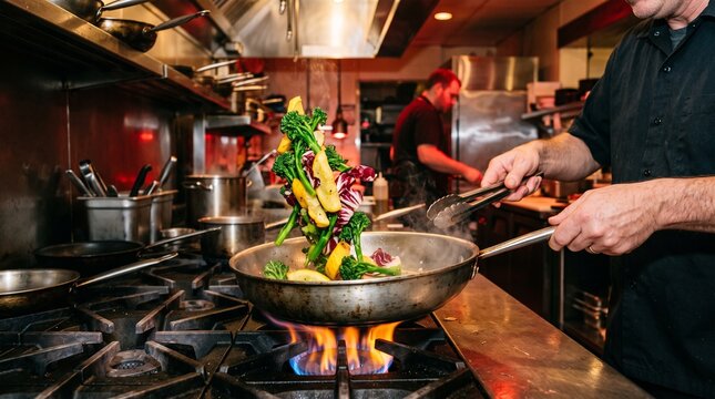 Chef tosses vivid vegetables over a live flame