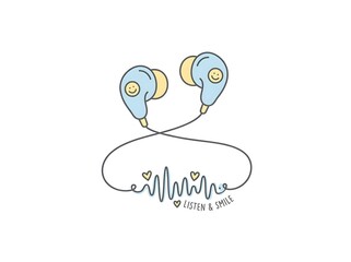 Fototapeta premium Cute Minimalist Illustration of Wireless Earbuds with Smiley Faces and Heart-Shaped Sound Wave for Music and Happiness
