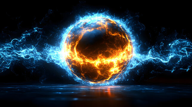 Vibrant magical energy ring portal sphere glowing with intense blue sparks and burning orange flames effect