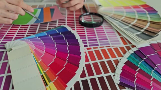Color matching process with swatches and paint samples on a table