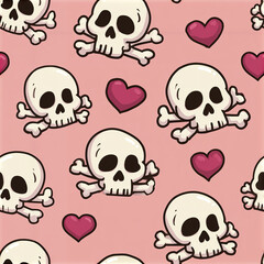 Fototapeta premium Cute skull and heart seamless pattern with repeating white skull and crossbones and red hearts on pink background