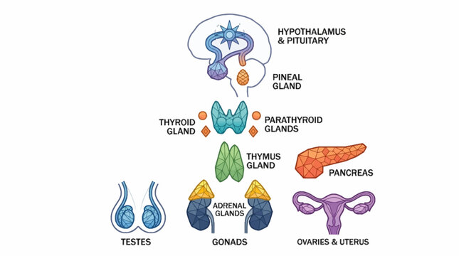 Anatomical diagram of the human endocrine system featuring stylized geometric illustrations of the hypothalamus, pituitary, pineal, thyroid, thymus, adrenal glands, pancreas, and gonads.