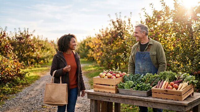 Farmer welcomes customer at an orchard harvest stand