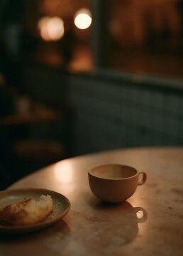 Wooden table with a small plate and a cup of coffee on it. the plate has a piece of bread on it and the cup is empty.