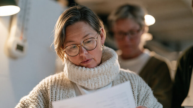 Theatrical wardrobe mistress inspecting a restaurant bill closely in an empty desolate costume storage hall, a temperature gauge mounted on the wall behind her, family of wardrobe