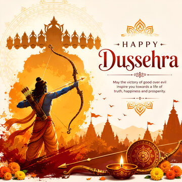 Happy dussehra festival background with lord rama holding bow and arrow