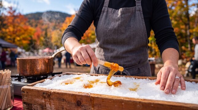Making Sweet Maple Taffy on Fresh Snow Outdoors