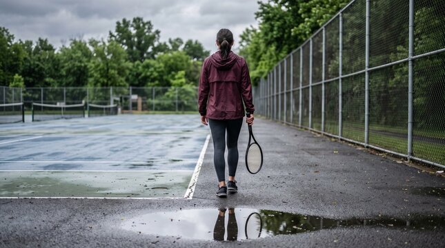 Tennis player leaves court after rain training