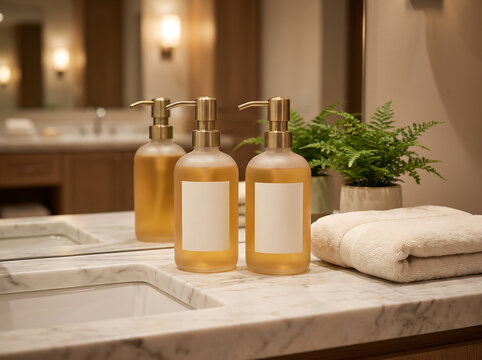 Three frosted glass soap dispenser bottles with gold pumps on a luxurious marble bathroom countertop with towel and plant transparent background