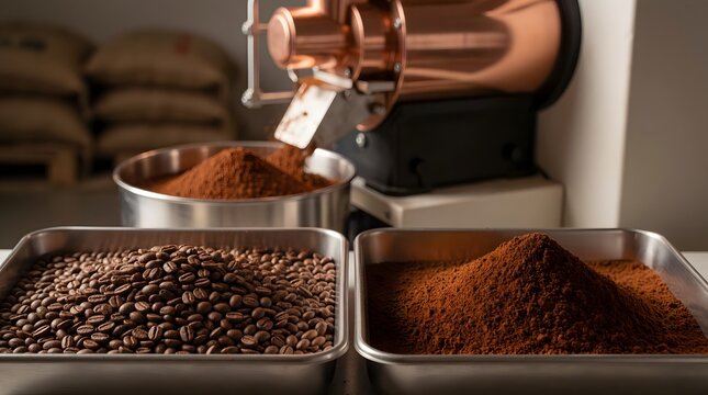 Fresh Coffee Powder and Roasted Beans in Production