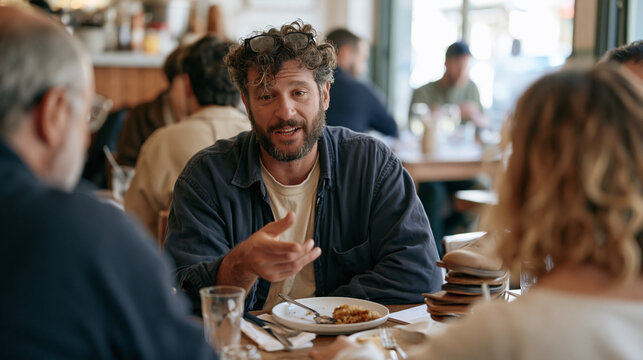 Crowd scene at a busy cobbling district restaurant, a man with glasses pushed up on his forehead balancing a precarious stack of sample shoes beside his table while eating lunch