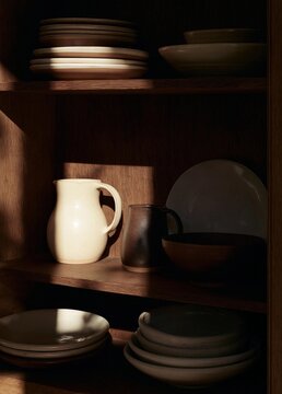 Wooden shelf with various dishes and utensils neatly arranged on it.