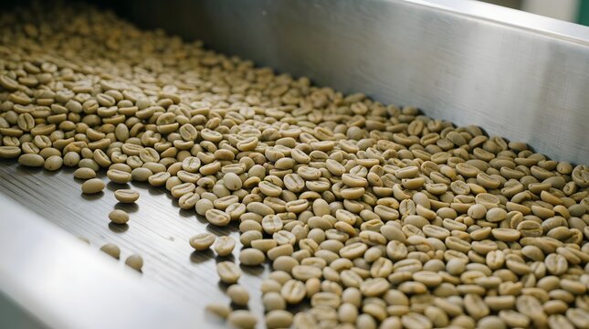Green Coffee Beans Moving Through Sorting Conveyor