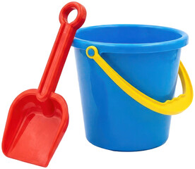 Blue sand bucket and red toy shovel set. © Muhammad