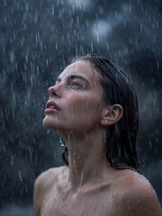 Fototapeta premium Dramatic portrait of beautiful young woman facing up under falling rain drops