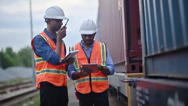 Portrait engineer under inspection and checking construction process railway switch and checking work on railroad station .Engineer wearing safety uniform and safety helmet in work.	
