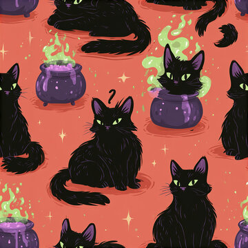 Black cat with green eyes and purple cauldron seamless pattern on orange background with magical smoke and stars