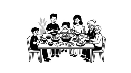 Fototapeta premium Large family eating around long rectangular table.