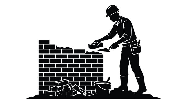 Bricklayer working on a wall black silhouette