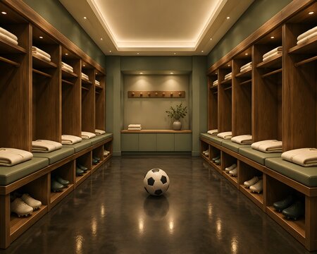 sports football locker room with wooden cubbies folded towels boots and central soccer ball