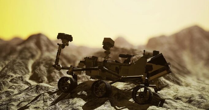 Curiosity rover navigates the rugged landscape of Mars during sunset amidst shadowy mountains, capturing the planets unique geology and atmospheric colors.