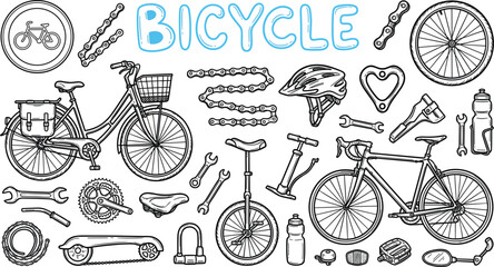 Bicycle parts set featuring road bike unicycle chain helmet wrenches pump saddle bottle wheel components collection pack © MISSMASUMA