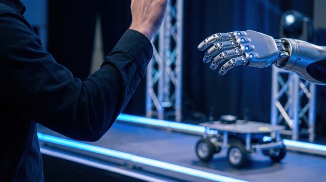 Raised forearm beside a demo robot hand at an innovation showcase with blue stage rails, metallic trusswork, and an autonomous machine.