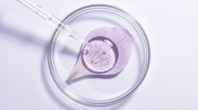 A pipette dispenses clear cosmetic serum onto a purple flower petal within a petri dish. This represents natural beauty product formulation and sustainable botanical extract research.
