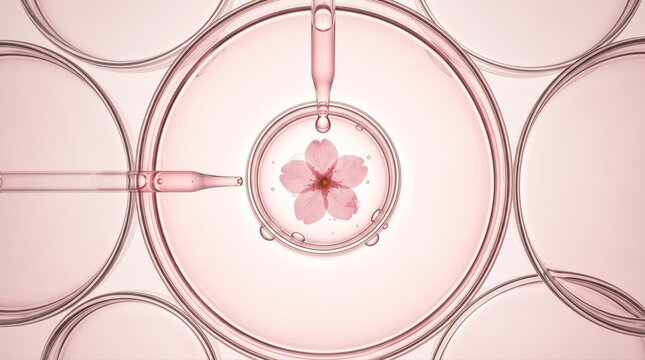 A delicate pink flower is cultivated in a laboratory petri dish with pipettes. This botanical research explores natural ingredient extraction and sustainable floral biotechnology for premium skincare.