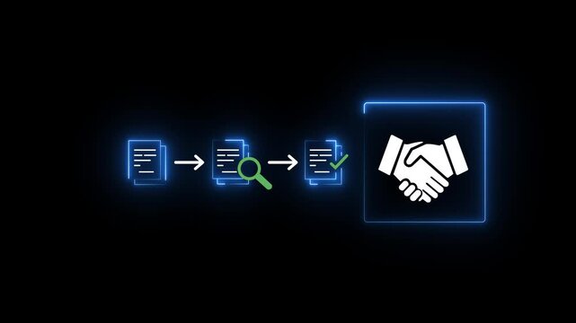Procurement process management, Digital and paper document approval, contract verification, supplier negotiation, and business purchasing operations using 4k motion graphic animation.