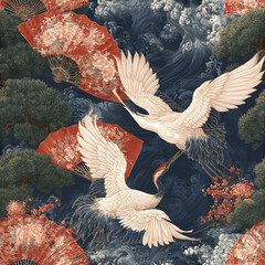 Naklejka premium Cranes flying with floral fans and pine trees in detailed seamless pattern with elegant waves and blossoms