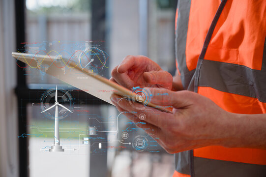 Foreman or engineer working with tablet and wind turbine diagram working at construction site Quality control, maintenance, check in factory, warehouse Workshop for factory operators
