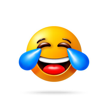 3d yellow emoji face laughing with tears of joy isolated on white background. Happy emoticon with closed eye and blue tear drop. Humor and funny reaction concept vector illustration