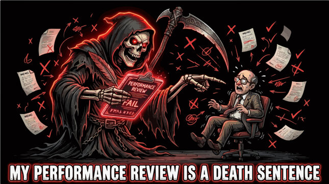 Grim Reaper Giving Fail Performance Review To Terrified Office Worker My Performance Review Is A Death Sentence Vector