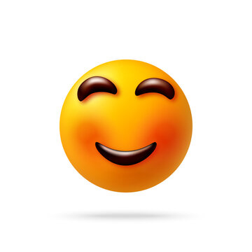 Smiling yellow emoji with closed eyes and blushing cheeks. 3d stock vector illustration of happy face icon. Positive emotion and joy concept for social media communication design