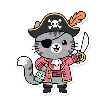 Cute pirate cat sticker, adorable kitten buccaneer in captain hat with sword, kawaii feline pirate character vector illustration isolated on White Background