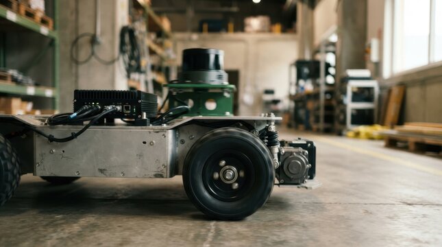 Autonomous mobile robot base with lidar sensor, wheel drive and edge computing module rolling through industrial test corridor