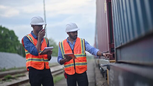 Portrait engineer under inspection and checking construction process railway switch and checking work on railroad station .Engineer wearing safety uniform and safety helmet in work.	