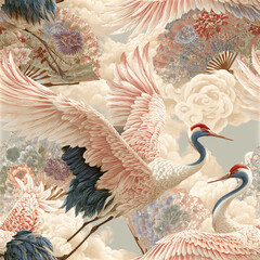 Naklejka premium Elegant crane bird seamless pattern with floral fans and soft clouds, creating serene and delicate atmosphere in pastel tones